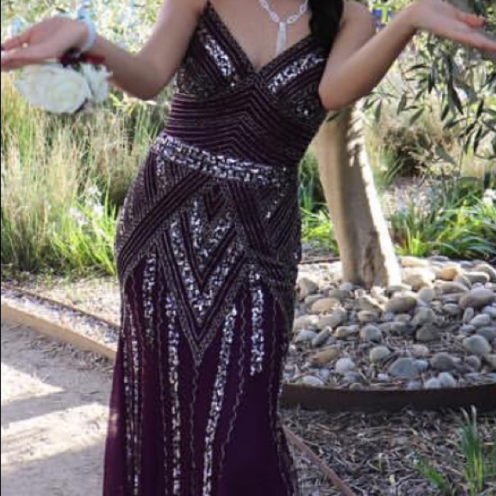 Plum beeded prom dress